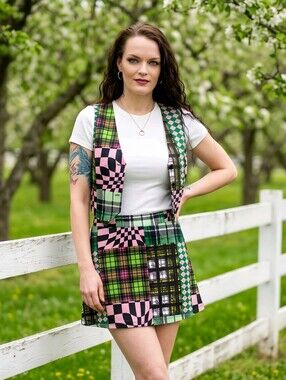 NGOrder ✦ Patchwork Velour Mini Skirt ✦ Retro A‑Line Green Pink Black L NWT